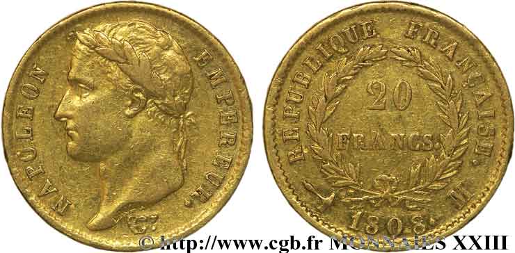 20 francs Napoléon tête laurée, République française 1808 Toulouse F.515/4 SS 