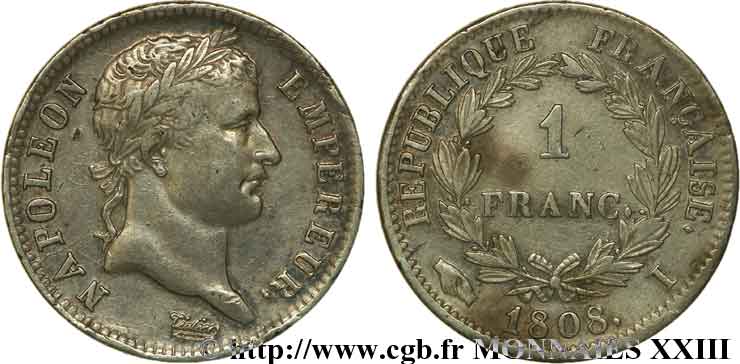 1 franc Napoléon Ier tête laurée, République française 1808 Limoges F.204/7 MBC 