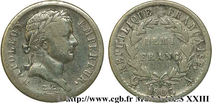 Demi-franc Napoléon Ier tête laurée, République française 1807 Paris F.177/1 MB 