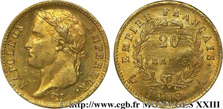 20 francs or Napoléon, tête laurée, Empire français 1809 Paris F.516/1 fST 