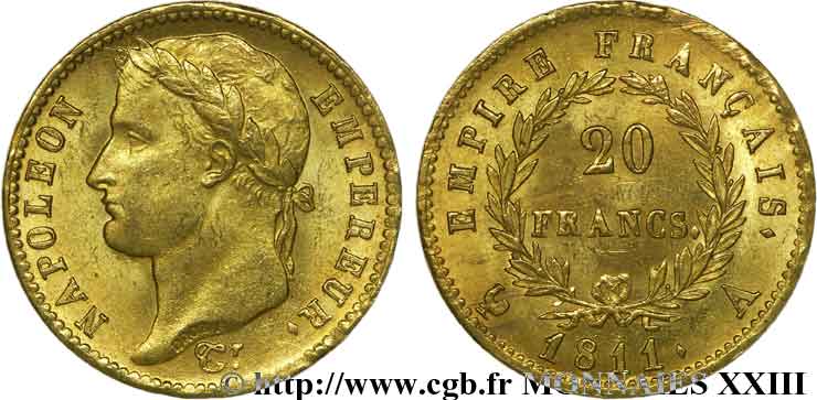 20 francs or Napoléon, tête laurée, Empire français 1811 Paris F.516/16 SPL 