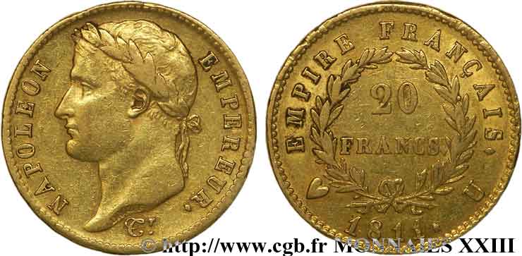 20 francs or Napoléon, tête laurée, Empire français 1811 Turin F.516/20 MBC 
