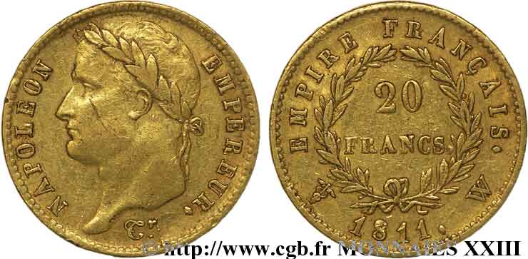 20 francs or Napoléon, tête laurée, Empire français 1811 Lille F.516/21 XF 