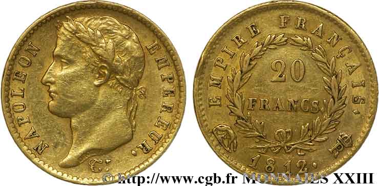 20 francs or Napoléon tête laurée, Empire français 1812 Rome F.516/27 MBC 
