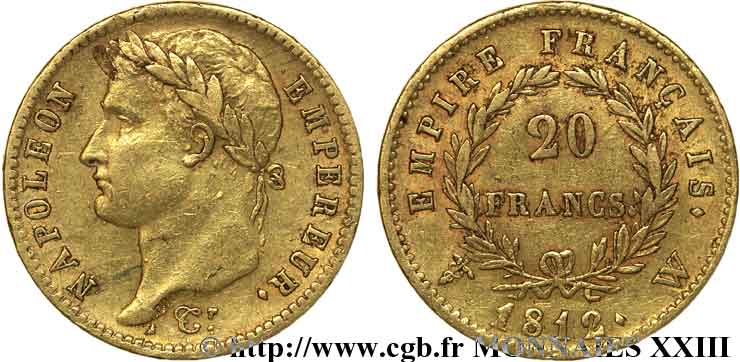 20 francs or Napoléon, tête laurée, Empire français 1812 Lille F.516/29 XF 