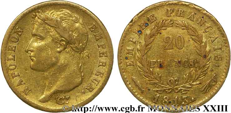 20 francs or Napoléon, tête laurée, Empire français 1813 Utrecht F.516/37 BB 