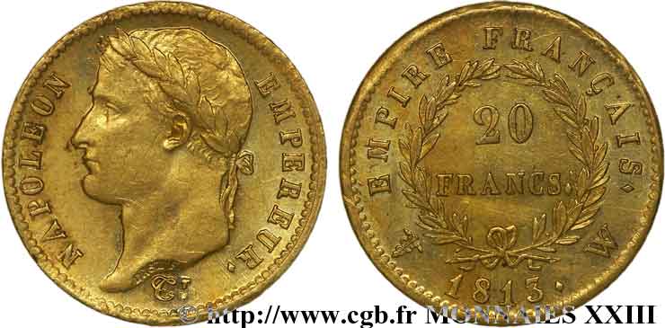 20 francs or Napoléon, tête laurée, Empire français 1813 Lille F.516/38 VZ 