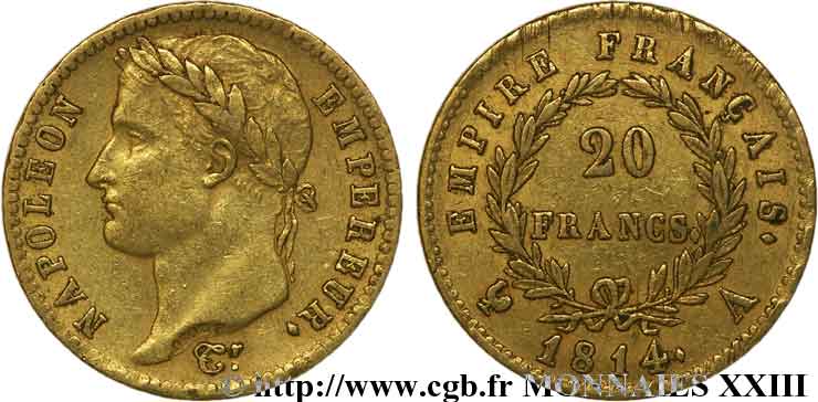 20 francs or Napoléon, tête laurée, Empire français 1814 Paris F.516/39 MBC 