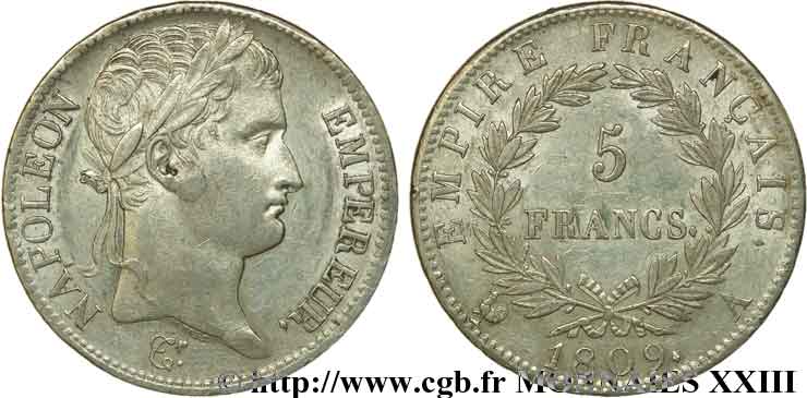5 francs Napoléon empereur, Empire français 1809 Paris F.307/1 XF 