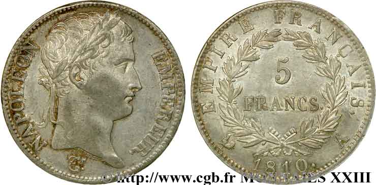 5 francs Napoléon empereur, Empire français 1810 Paris F.307/14 EBC 