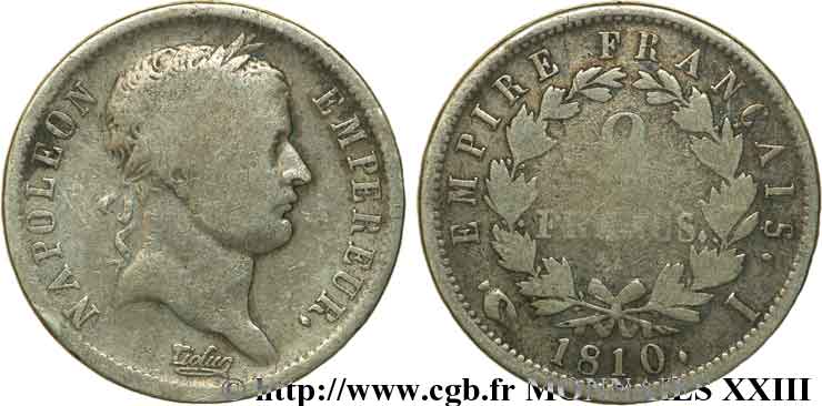 2 francs Napoléon Ier tête laurée, Empire français 1810 Limoges F.255/15 B 