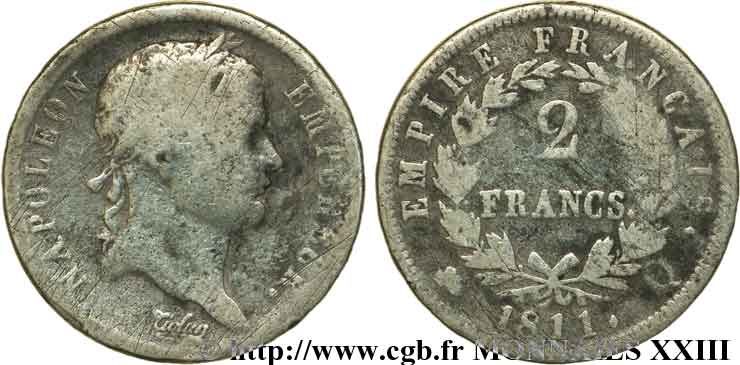 2 francs Napoléon Ier tête laurée, Empire français 1811 Perpignan F.255/34 RC 