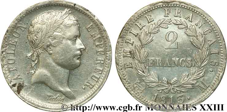 2 francs Napoléon Ier tête laurée, Empire français 1813 Toulouse F.255/60 MBC 