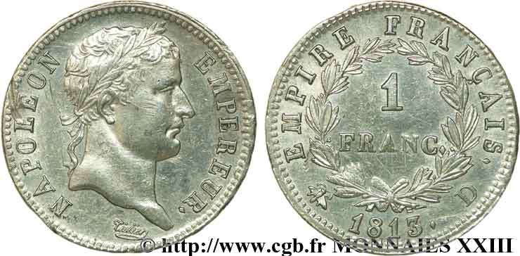 1 franc Napoléon Ier tête laurée, Empire français 1813 Lyon F.205/61 MBC 