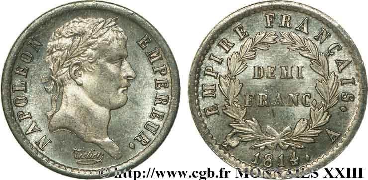 Demi-franc Napoléon Ier tête laurée, Empire français 1814 Paris F.178/63 SC 