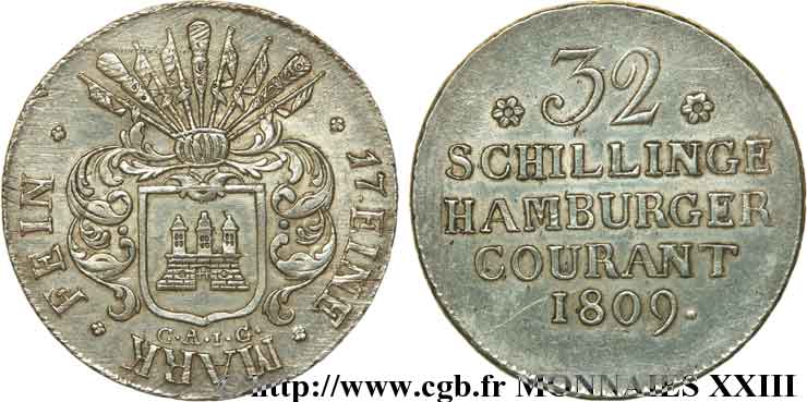 GERMANY - TERRITORY OF HAMBURG  32 schillings, petit module, 2e type 1809 Hambourg XF 