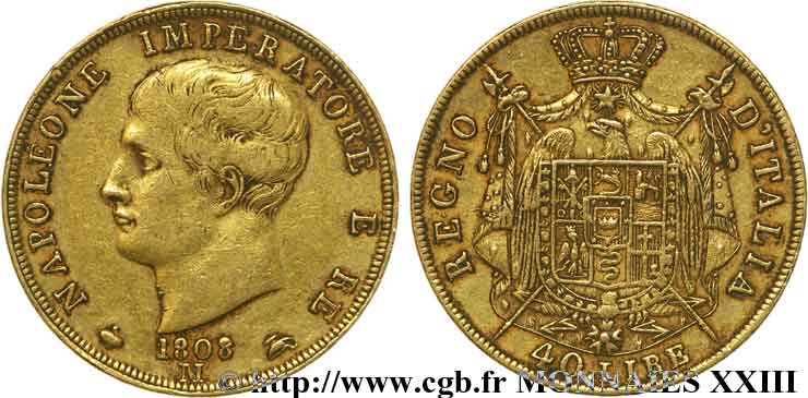 40 lires en or, 2e type, tranche en creux 1808 Milan VG.1394  MBC 