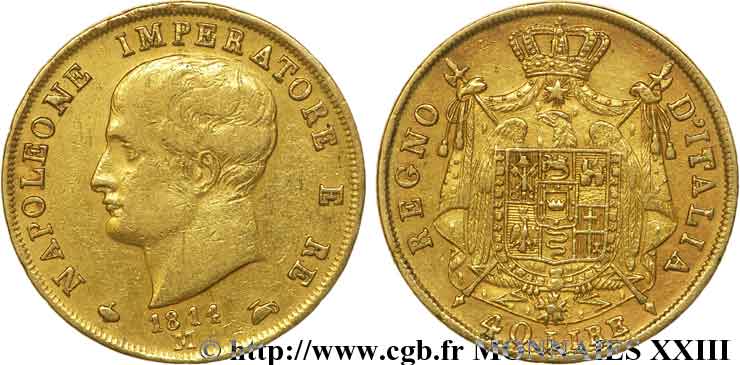 40 lires en or, 2e type, tranche en creux 1814 Milan VG.1394  SS 