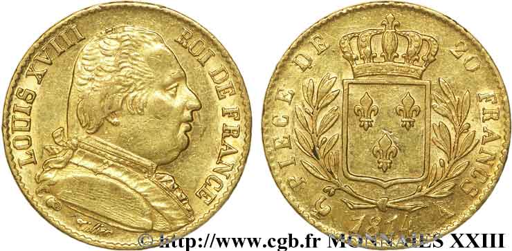 20 francs or Louis XVIII, buste habillé 1814 Paris F.517/1 SS 