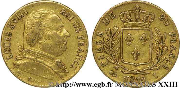 20 francs or Louis XVIII, buste habillé 1814 Bayonne F.517/6 BC 