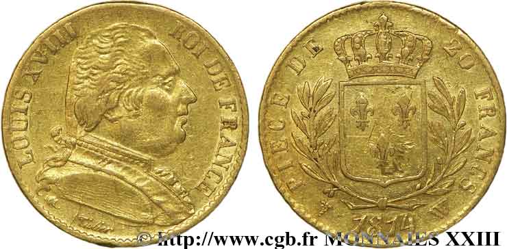 20 francs or Louis XVIII, buste habillé 1814 Lille F.517/9 SS 