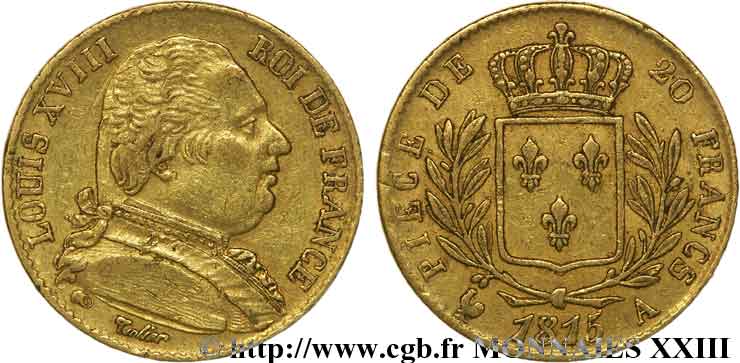 20 francs or Louis XVIII, buste habillé 1815 Paris F.517/10 BB 