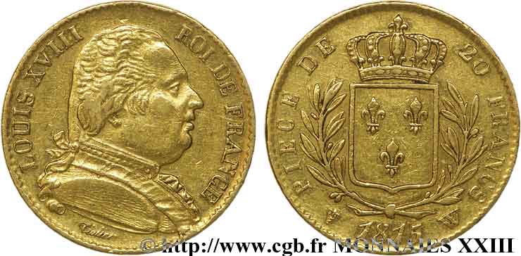 20 francs or Louis XVIII, buste habillé 1815 Lille F.517/18 MBC 