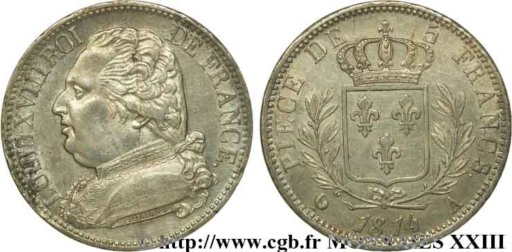 5 francs Louis XVIII, buste habillé 1814  Paris F.308/1 AU 