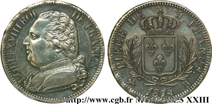 5 francs Louis XVIII, buste habillé 1814  Rouen F.308/2 SS 