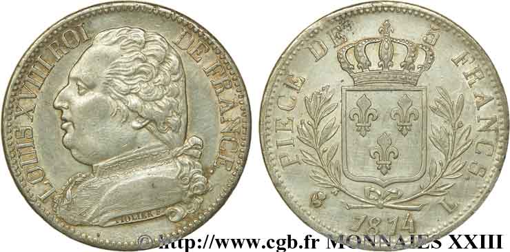 5 francs Louis XVIII, buste habillé 1814  Bayonne F.308/8 SUP 