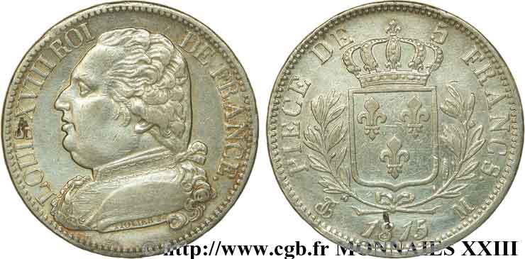 5 francs Louis XVIII, buste habillé 1815 Toulouse F.308/26 BB 