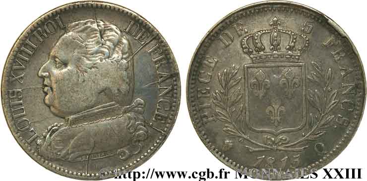 5 francs Louis XVIII, buste habillé 1815 Perpignan F.308/28 S 