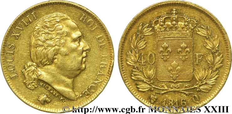 40 francs or Louis XVIII 1816 Perpignan F.542/4 BB 