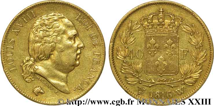 40 francs or Louis XVIII 1816 Lille F.542/5 MBC 
