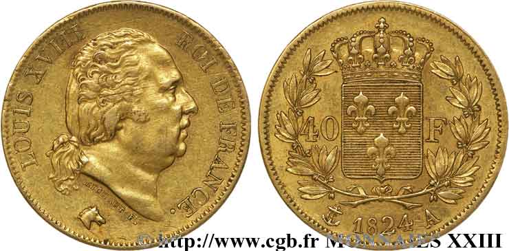 40 francs or Louis XVIII 1824 Paris F.542/14 BB 