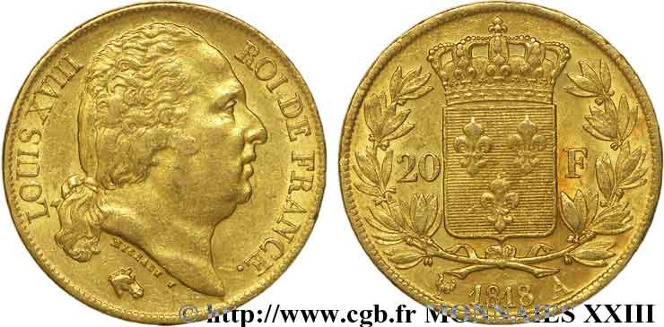 20 francs or Louis XVIII, tête nue 1818 Paris F.519/10 XF 
