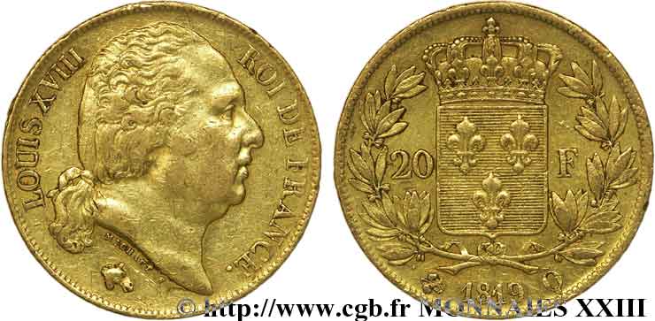 20 francs or Louis XVIII, tête nue 1819 Perpignan F.519/16 BB 