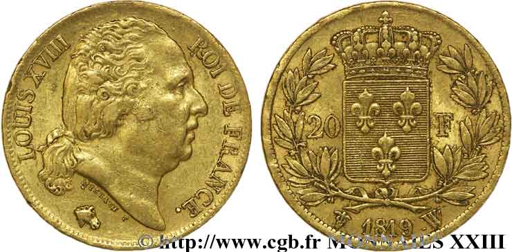 20 francs or Louis XVIII, tête nue 1819 Lille F.519/18 TTB 