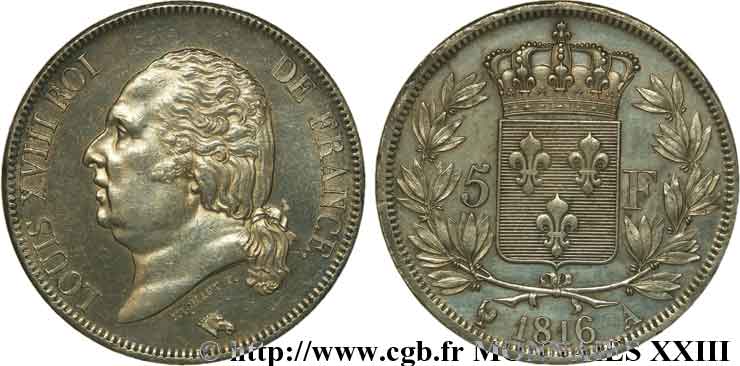 5 francs Louis XVIII tête nue 1816  Paris F.309/1 SUP 