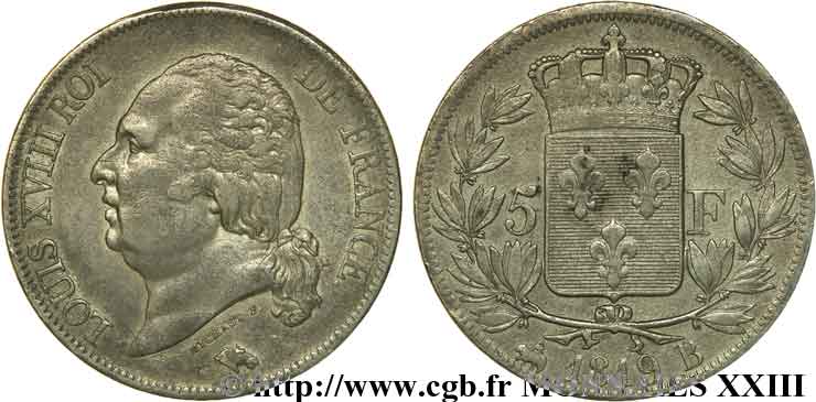 5 francs Louis XVIII tête nue, frappe médaille 1819 Rouen F.309/41 SS 