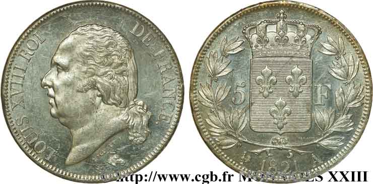 5 francs Louis XVIII tête nue 1821  Paris F.309/60 AU 
