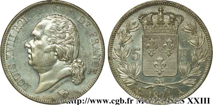 5 francs Louis XVIII, tête nue 1824 Paris F.309/88 AU 