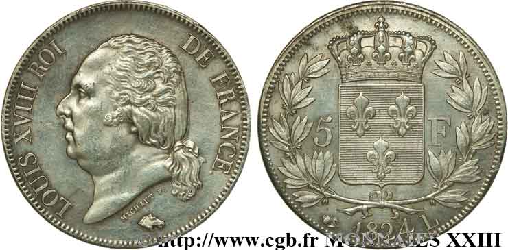 5 francs Louis XVIII tête nue 1824 Bayonne F.309/94 SS 