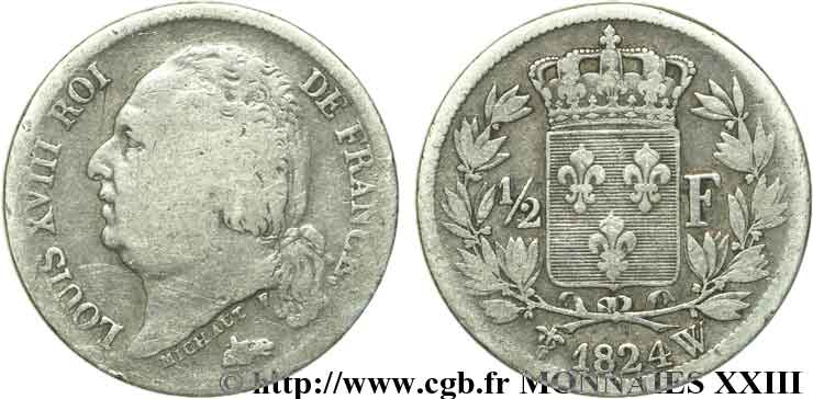1/2 franc Louis XVIII 1824 Lille F.179/52 BC 