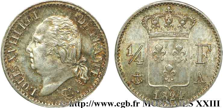 1/4 franc Louis XVIII 1824 Paris F.163/31 EBC 