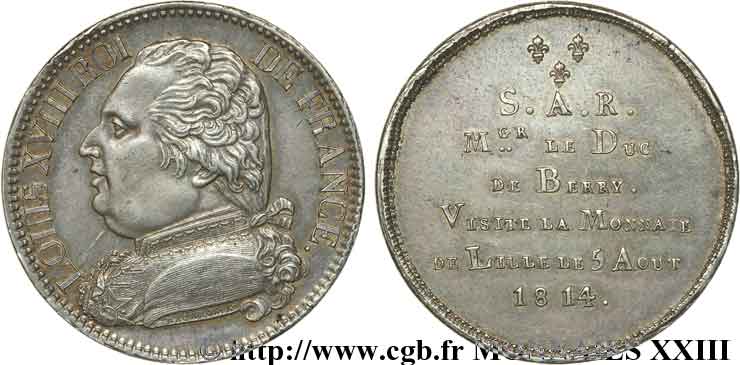 Monnaie de visite, module de 5 Francs, pour Charles-Ferdinand de Berry à la Monnaie de Lille 1814 Lille VG.2371  VZ 