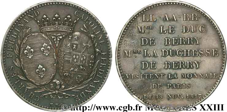 Monnaie de visite, module de 5 francs, pour le duc et la duchesse de Berry à la Monnaie de Paris 1817  VG.2500   VZ 