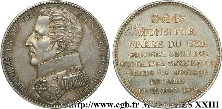 Monnaie de visite, module de 5 francs, pour Charles Philippe de France à la Monnaie de Paris 1818  VG.2508  SC 