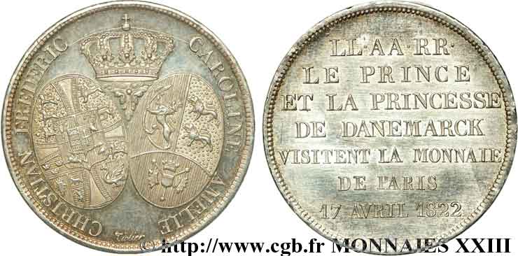 Monnaie de visite, module de 2 francs, pour le Prince de Danemark à la Monnaie de Paris 1822 Paris VG.cf. 2544 (en cuivre) SPL 