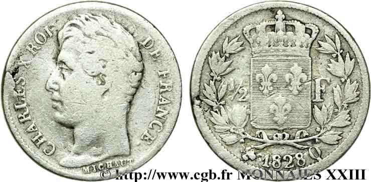 1/2 franc Charles X 1828 Perpignan F.180/34 VF 